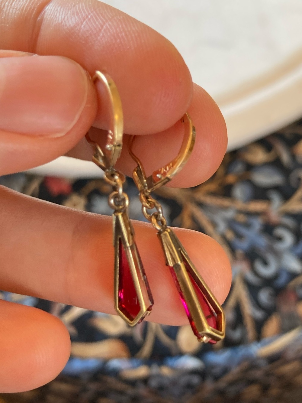 Art Deco Rolled Gold Faceted Glass Hinged Leverback Earrings Signed - Picture 6 of 11